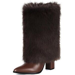 Women's Brown 3.3-inch Chunky Mid Calf Furry Fuzzy Fluffy Pointed Toe Boots